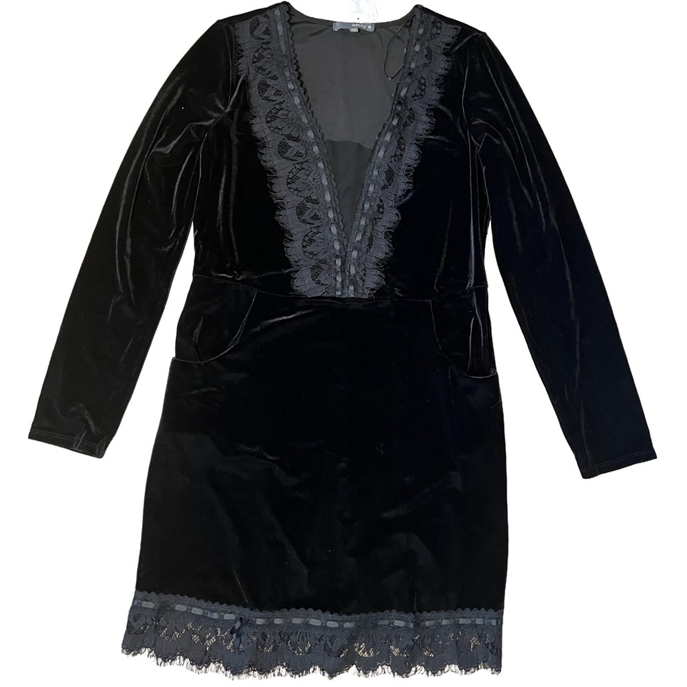 Matty M Black Velvet Dress with Lace Accents